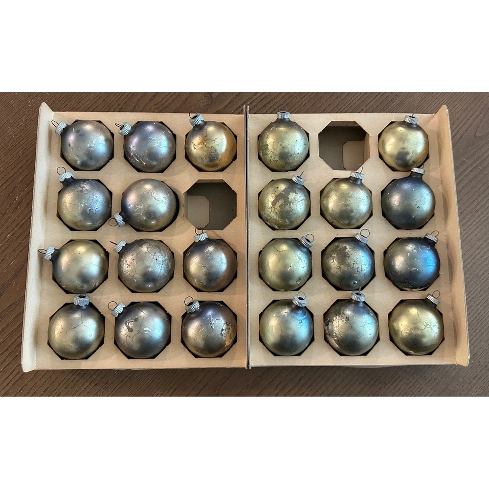 Vintage Shiny Brite Glass Christmas Ornaments Blue Silver Gold Patina Set of 22